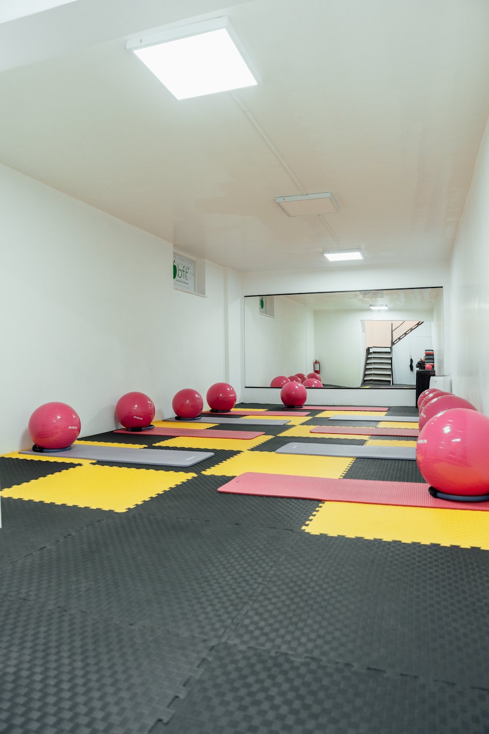 Matların üzerinde pembe egzersiz toplarının bulunduğu aydınlık spor salonu.